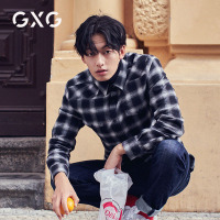 GXG男装 春季男士时尚青年韩版英文休闲刺绣黑白格子长袖衬衫男