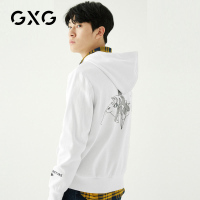 GXG男装 春季男士潮流抽象图案印花白色连帽卫衣男