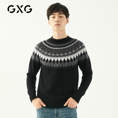 GXG男装 冬季男士韩版时尚港版提花插肩袖黑色低领针织毛衫毛衣潮