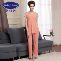 安莉芳V领蕾丝睡衣套装短袖长裤2件套家居服EL7392