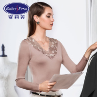 安莉芳秋冬V领蕾丝修身打底衫女士长袖保暖内衣上衣ED0231