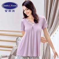 安莉芳性感蕾丝边V领短袖睡衣女莫代尔舒适家居服上衣EL7723