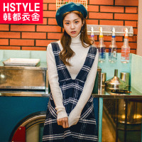 韩都衣舍2018韩版女春装新款格纹减龄显瘦背带连衣短裙TK6661婏