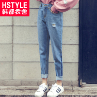 韩都衣舍2018韩版女春装新款直筒显瘦休闲毛边拼色牛仔裤NH8323煜