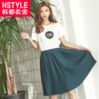 韩都衣舍2018夏新款女韩版显瘦百褶裙假两件中长款连衣裙RW6403瑒