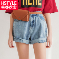 韩都衣舍2018韩版女装夏装新款显瘦高腰破洞毛边牛仔短裤GQ8747耒