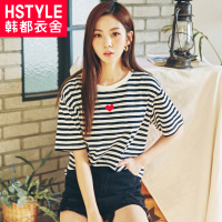韩都衣舍2018新款女装夏装韩版刺绣撞色条纹宽松短袖T恤OU1466堯