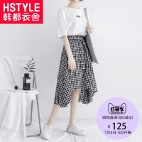韩都衣舍2018韩版女装夏装温柔格子高腰A字系带潮半身裙EK8985囡