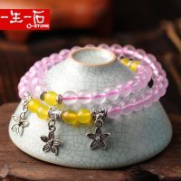 一生一石新品 天然粉水晶 藏银小花手链