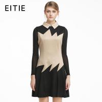 EITIE爱特爱秋冬新款复古几何图案翻领无袖连衣裙女