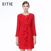 EITIE爱特爱商场同款秋冬新款时尚简约荷边叶圆领风衣连衣裙