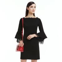 EITIE爱特爱女装2018春季新款蕾丝边七分喇叭袖一字领连衣裙中裙