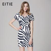 EITIE爱特爱女装夏装时尚简约斑马纹高腰修身圆领短袖连衣裙女