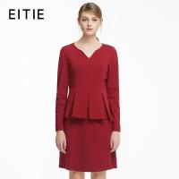 EITIE爱特爱秋季款优雅纯色V领修身荷叶边假两件连衣裙