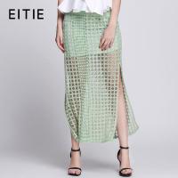 EITIE爱特爱旗舰店女装夏装纯色通勤镂空格子绣花中长款半裙女