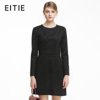 EITIE爱特爱旗舰店英伦纯色时尚优雅高腰修身长袖圆领连衣裙
