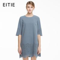 EITIE爱特爱秋季新款简约气质纯色圆领镂空五分袖连衣裙镂空中裙