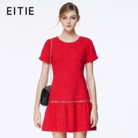 EITIE爱特爱秋季简约立体肌理提花V领钉珠七分袖连衣裙女