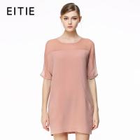 EITIE爱特爱秋装新款简约纯色优雅蕾丝拼接圆领中袖包臀连衣裙女