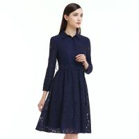 EITIE爱特爱女装2018春季新款娃娃领收腰系带九分袖蕾丝连衣裙