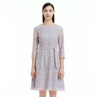 EITIE爱特爱女装2018春夏新品七分袖蕾丝樱花粉系带修身连衣裙