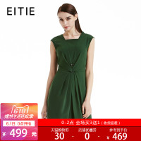 EITIE爱特爱夏季欧美优雅纯色通勤收腰褶皱无袖方领连衣裙女