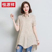 恒源祥夏装新款女士中长款亚麻竖条纹衬衫宽松大码休闲棉麻衬衣女