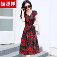 恒源祥碎花雪纺连衣裙女装长裙2018春夏新款显瘦中长款腰系带裙子