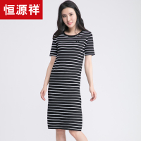 恒源祥连衣裙套头夏季条纹修身长款T恤圆领短袖中长裙打底针织衫