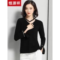 恒源祥羊毛衫女V领 2018秋冬纯羊毛针织衫黑色镂空领毛衣微喇叭袖