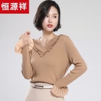 恒源祥气质V领长袖套头衫直筒花边袖显瘦针织衫女秋冬修身打底衫
