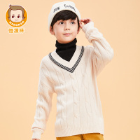 恒源祥男童100%纯羊毛针织衫秋冬新款V字高领假两件纯色韩版上衣