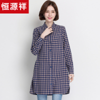 恒源祥2019慵懒风衬衣 中长款宽松蓝格子衬衫女长袖春装帅气上衣