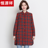 恒源祥格子衬衫女长袖2019春装宽松韩版中长款衬衫红格纹外套上衣