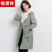 恒源祥中长款连帽风衣女2019春秋新款韩版宽松bf工装外套抽绳收腰
