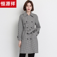 恒源祥黑白格子风衣外套女中长款2019春装新款西装领chic大衣英伦