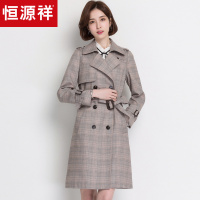 恒源祥休闲格子风衣女中长款韩版春季2019新款格纹早秋外套西装领