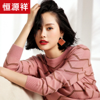 恒源祥羊毛衫女圆领春装针织衫早春低领收腰内搭毛衣折线条纹高腰
