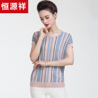 恒源祥夏季新款针织衫女撞色竖条纹圆领连肩袖蝙蝠套头衫年轻妈妈