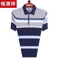 恒源祥亚麻短袖T恤男含桑蚕丝 2019夏新款翻领爸爸装中年条纹体恤
