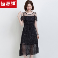 恒源祥雪纺连衣裙女过膝长裙2019夏季修身显瘦一字肩波点裙子微透