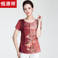 恒源祥短袖宽松大码印花套头T恤女装2019春夏季妈妈雪纺衫中国风