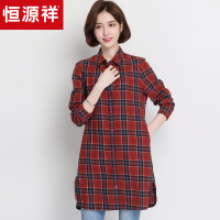 恒源祥格子衬衫女长袖2019春装宽松韩版中长款衬衫红格纹外套上衣