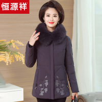 恒源祥中老年女装羽绒服2019冬狐狸毛领白鸭绒大衣印花妈妈装外套