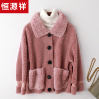 恒源祥颗粒绒毛呢外套女短款2019秋冬仿皮大衣娃娃领夹克单排扣
