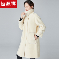 恒源祥中长款颗粒绒大衣女装2019秋冬机车风休闲外套仿皮含羊毛