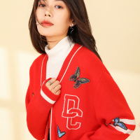 恒源祥纯山羊绒衫女提花刺绣单排扣针织开衫19秋冬宽松厚毛衣外套