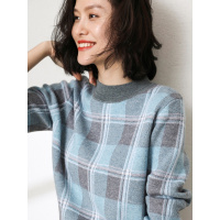 恒源祥套头圆领羊毛衫女撞色格纹秋冬新款厚毛衣复古英伦风针织衫