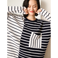 恒源祥宽松套头羊毛衫女侧开叉秋冬新款毛衣不规则条纹撞色针织衫