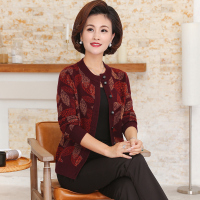 恒源祥羊毛衫女开衫圆领中老年冬装提花厚款60岁妈妈装外穿毛衣